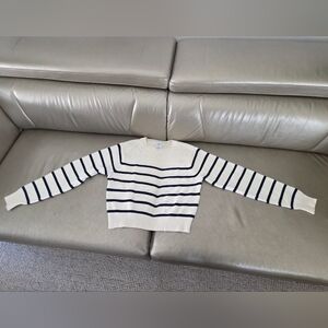 Striped Crewneck Cropped Sweater in Cream and Navy 100% Cotton